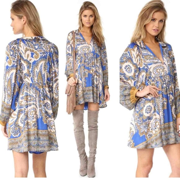 Free People Dresses & Skirts - NWT Free People Say You Love Me Blue Gold Mini Dress Boho Babydoll Festival S